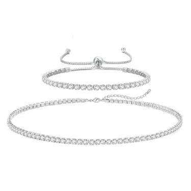 Imagem de EFTOM Conjunto de colar de tênis para mulheres, pulseiras de cristal, gargantilha de diamante, colares brilhantes, joias de casamento para noiva, conjuntos de joias de prata para presente, Middle