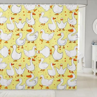 Imagem de Cortina de chuveiro de ganso de desenho animado, adorável pato engraçado desenho amarelo cortina de banho para crianças, meninos, linda cortina de tecido impermeável de animais de fazenda com 12