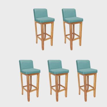 Imagem de Kit 05 Banqueta Alta Com Encosto Aila Balcão Bistrô Base Madeira Maciça Suede Azul Turquesa - Ahz Móveis