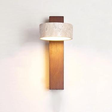 Imagem de Luminária de parede giratória de madeira LED 9W com pedra de mármore natural e interruptor de corrente, estilo rústico vintage de meados do século, para quarto, sala de estar e cozinha