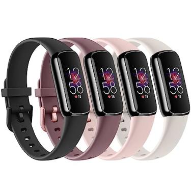 Imagem de Pacote com 4 pulseiras esportivas compatíveis com Fitbit Luxe para mulheres e homens, pulseiras esportivas de substituição de silicone macio para Fitbit Luxe Fitness e rastreador de bem-estar (violeta fumê, rosa claro/luz das estrelas/preto, pequeno)
