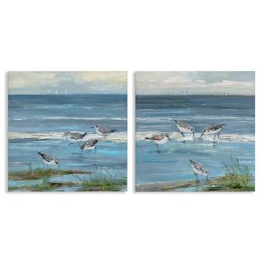 Imagem de Stupell Industries Beach Shore with Sandpipers & Grasses 2 peças Canvas Wall Art Set Design por Sally Swatland, 17 x 17