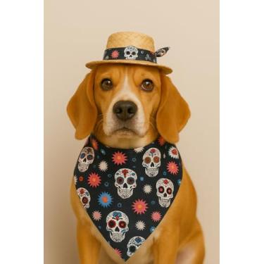 Imagem de Conjunto Pet Junino com Chapéu de Palha e Bandana, Estampa Caveira Mexicana, 4 Tamanhos, Preto