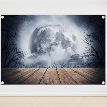Imagem de Tecido 1,5 x 0,9 m, cenário noturno de Halloween, piso de madeira rústica, lua cheia, vista de floresta, fundo fotográfico, decoração de porta de garagem de Halloween, pano de fundo, adereços de