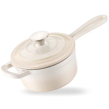 Imagem de Panela de ferro fundido esmaltado, forno de molho de leite esmaltado de 1 litro, mini forno holandês com tampa, panela para cozinhar molho de macarrão, molho, pudim, marinar, ferver (branco)