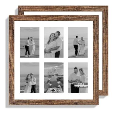 Imagem de Hongkee Conjunto de 2 porta-retratos de 35,5 x 35,5 cm, molduras rústicas para documentos de certificado marrom com moldura de colagem de vidro, exiba imagens seis 10 x 15 com tapete ou 35 x 35 sem