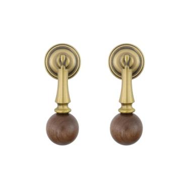 Imagem de Risbay Puxador redondo de madeira maciça de cobre com furo único, puxadores de armário de cozinha de grão de madeira e acabamento de latão para móveis, armários e gavetas, 2 peças (latão antigo)