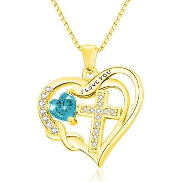 Imagem de VANAODUC Colar feminino com cruz infinita com pedra do mês de nascimento, ouro 14K, ouro branco 18K, ouro rosa, pingente feminino I Love You, presente de aniversário e Natal para sua mãe e esposa