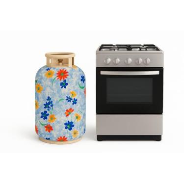 Imagem de Capa para Botijão de Gás, Estampa Floral, Tecido Oxford, 55cm x 48cm, Azul