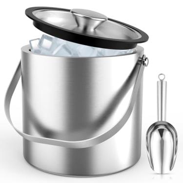 Imagem de Balde de gelo de aço inoxidável 3L, balde de gelo isolado de parede dupla com tampa, placa de drenagem, colher, pinça para festas e coquetéis
