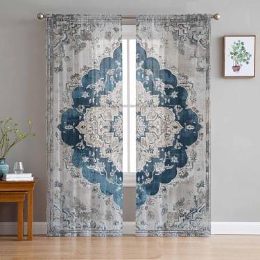 Imagem de Cortinas semitransparentes florais azuis, 203 cm, 2 painéis, vintage, floral, texturizada, transparente, para cozinha, privacidade, voile, para sala de estar, quarto, varão, bolso drapeado
