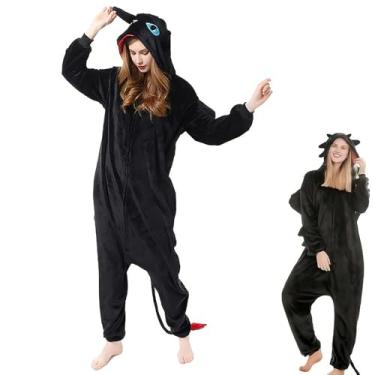 Imagem de QSLWcos Pijama de dragão para adultos, fantasia de anime preto, macacão de pelúcia, pijamas de flanela de animais de Halloween, roupas de cosplay para mulheres