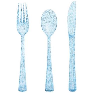 Imagem de Conjunto de talheres de plástico Joy Akkess Blue Glitter, pacote com 1
