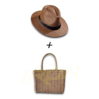 Imagem de Kit Chapéu Palha + Bolsa Praia Feminino Casual ABA MÉDIA PANAMÁ 338 - 