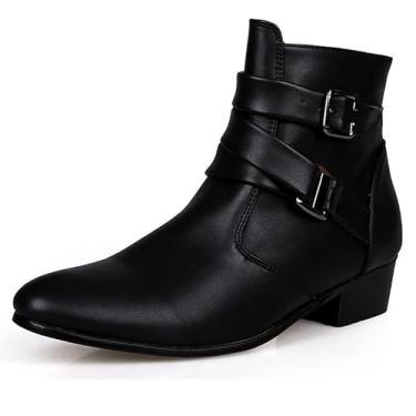 Imagem de MGGMOKAY Chelsea Bota masculina de couro, casual, com fivela e zíper lateral, Preto, 44