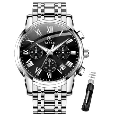 Imagem de Taxau Relógio masculino masculino à prova d'água, luxuoso, cronógrafo, de aço inoxidável, analógico, quartzo, com data, multifunções, número romano, luminoso, reloj para Hombre, Relógio preto -