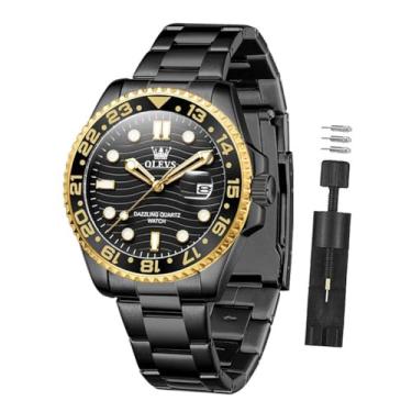 Imagem de OLEVS Relógio de pulso masculino masculino de luxo, analógico, quartzo, aço inoxidável, luminoso, à prova d'água, data, dois tons, casual, masculino, G3610 - todo preto, round, Relógio de luxo