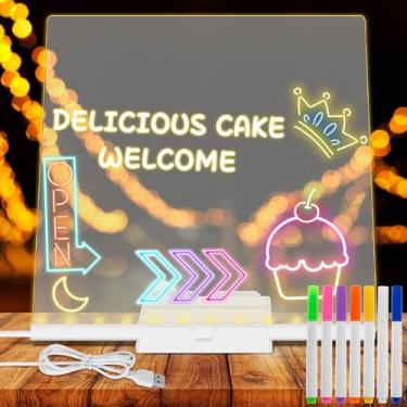 Imagem de Quadro de mensagens de acrílico brilhante, quadro de notas de mesa transparente com 7 canetas coloridas, quadro de notas brilhante, quadro reutilizável apagável a seco com suporte ajustável para