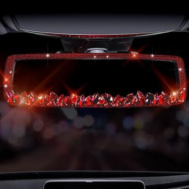 Imagem de Decorações de espelho retrovisor de carro brilhantes com detalhes de diamante de strass de vidro HD, acessórios de interiores automotivos para mulheres (vermelho)