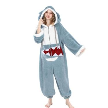 Imagem de Nuoqi Gawr Gura Onesie Pijama feminino de uma peça com capuz macacão adulto pijama de Halloween Natal, Azul, M