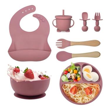 Imagem de Kit Introdução Alimentar Bebê 8 Peças Silicone Iniciação Para Alimentos Livre de BPA Atóxico Antibacteriano Seguro Sem Pontas Colher, garfo, copinho, pote e pratinho (rosa escuro)