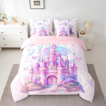 Imagem de Manfei Conjunto de cama solteiro de 7 peças, castelo roxo, borboleta, arco-íris, unicórnio fofo, edredom com edredom, lençóis e fronhas, macio
