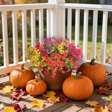 Imagem de ARVINKEY Flores artificiais de plantas artificiais para decoração de casa de jardim interno ao ar livre, 12 pacotes de margaridas coloridas de seda com folhas de eucalipto, plantas falsas para varanda