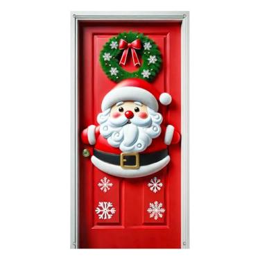 Imagem de BlissYard Guirlanda de Papai Noel, capa de porta de Feliz Natal, faixa decorativa de Natal com flocos de neve, fita vermelha, guirlanda verde para decoração de inverno interna e externa