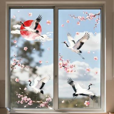 Imagem de ANATTASOUL Adesivos de janela estática com guindaste e flores, 1 folha de decalques reutilizáveis para vidro, adesivo de janela dupla face removível de 120 cm x 30 cm para decoração de quarto