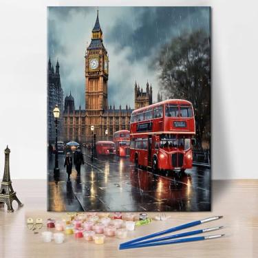 Imagem de Cor por número para adultos iniciantes - Cena de chuva de Londres com Big Ben e ônibus de dois andares vermelho, kit de pintura de paisagem urbana por números para adultos, artes e artesanato
