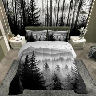 Imagem de Erosebridal Jogo de cama Queen preto e cinza, floresta esfumaçada, floresta rústica, pinheiros, para crianças, meninos, adultos, homens, natureza, paisagem, edredom para todas as estações, 3 peças