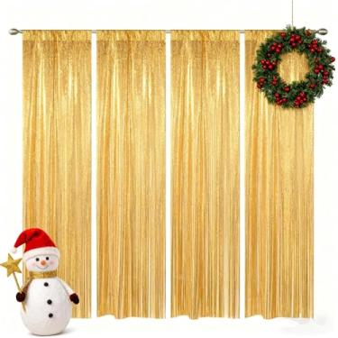 Imagem de ORTHOMTEX Cortina de pano de fundo de lantejoulas douradas, 4 peças, 5,8 x 2,8 m, cortina de fundo com glitter para festas, Natal, casamento, decoração de banquete (4 peças, 5,5 m x 2,8 m)