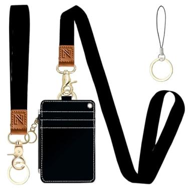 Imagem de Porta-crachá de identificação preto 2 em 1 e carteira com cordão para professores, enfermeiras, profissionais - linda bolsa de moedas com zíper, alça de pulso removível e cordão de pescoço, 5