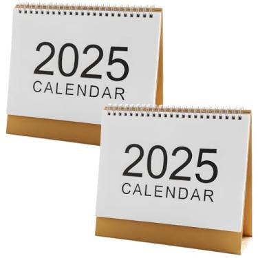Imagem de Mini calendário de mesa 2025, agenda mensal compacta, encadernado com base marrom, pacote com 2, apresenta design grande 2025, branco minimalista