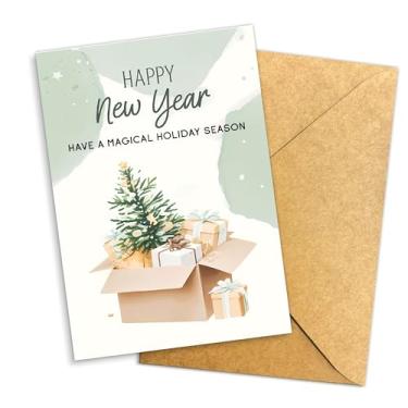 Imagem de Podagree Cartão mágico de feliz ano novo para família, amigos ou vizinhos - design de árvore de Natal e caixa de presente - 20 x 13 cm com envelope