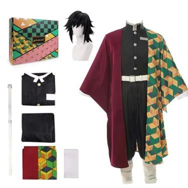Imagem de Kahopy Anime Cosplay Costume Tanjiro Zenitsu Shinobu Giyu Mitsuri Outfit Set with Wig Earrings Uniform for Halloween Party (Giyu, XXL)