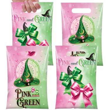 Imagem de Teenyyou 60 peças de sacos de presente com tema de bruxa de plástico rosa verde sacos de doces chapéus de bruxa laços bolsas de presente para mulheres lembrancinhas de festa de aniversário de