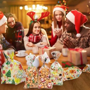 Imagem de Sacos de biscoito de Natal, pacote com 50 sacos de guloseimas de celofane transparente OPP com padrões de Papai Noel e floco de neve, bolsa plana para embalagem de doces de Natal e lembrancinhas de