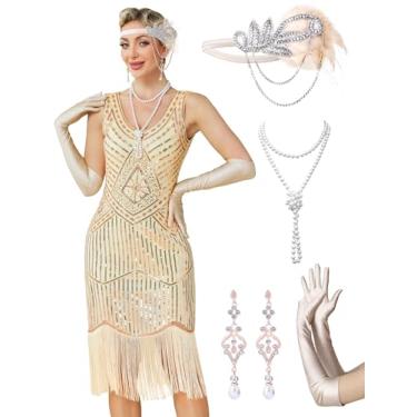 Imagem de RRYIO Vestidos melindrosa anos 20 para mulheres, mangas transparentes com contas, vestidos Gatsby, fantasias dos anos 20 com acessórios (bege, GG)