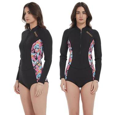 Imagem de DEMMET Roupa de mergulho de neoprene de manga comprida de 1,5 mm-3 mm, roupa de mergulho curta com zíper, roupa de mergulho feminina com estampa rosa, protetor solar para mergulho com snorkel, natação