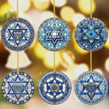 Imagem de Treela Conjunto de 6 peças de enfeites de Hanukkah - Ornamento hexagrama de estrela de Davi azul e branco a granel Menorá - Presentes de árvore de Natal para festas e amigos da família