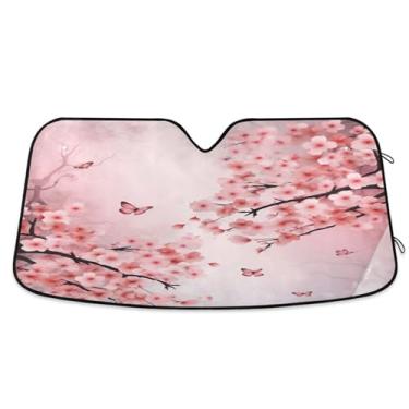 Imagem de Wassud Para-brisa para-sol acessórios de carro dobrável para janela dianteira do carro blocos raios UV cerejeira árvore sombra reflexiva 59,7 x 134,6 cm