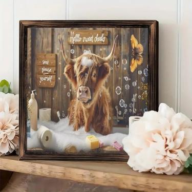 Imagem de Placa de parede emoldurada vintage rústica - Olá bochechas doces vaca banho borboleta decoração de mesa 20 x 20 cm - presentes para casa de fazenda, cafés, lojas, quarto, banheiro, casa e escritório