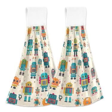 Imagem de Toalhas de mão retrô robô bege com laços para pendurar toalhas de forno personalizadas conjunto de 2 panos de prato decorativos absorventes para cozinha, 45 x 35 centímetros
