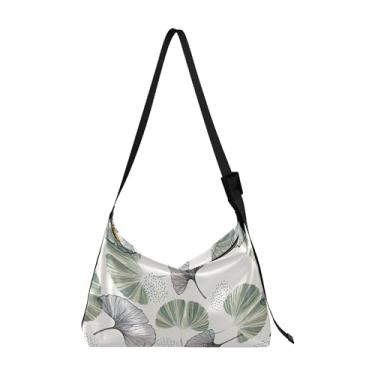 Imagem de Bolsa de ombro de couro com folhas tropicais arte Hobo bolsas grandes transversais designer impressão folha Hobo bolsa feminina, Folha Gingko verde cinza
