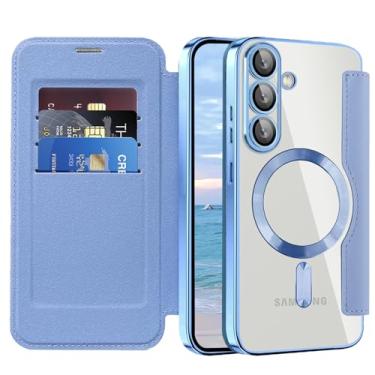 Imagem de LEMAXELERS Capa carteira para Samsung S25+ Plus/Galaxy S24+ Plus compatível com Magsafe com suporte para cartão com bloqueio de RFID, couro PU à prova de choque, capa traseira transparente para Galaxy
