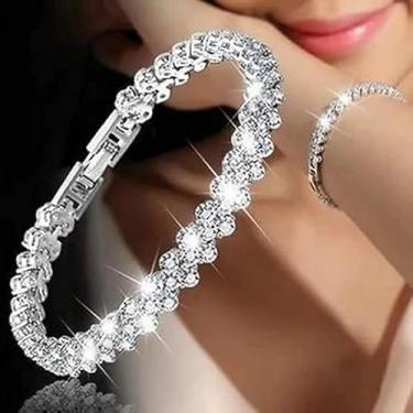 Imagem de Elegante pulseira de cristal de zircão para mulheres – acessório de moda brilhante de inspiração europeia-americana, pulseira de tênis leve ajustável, joia presente, Medium, Metal, Sem Pedra Preciosa