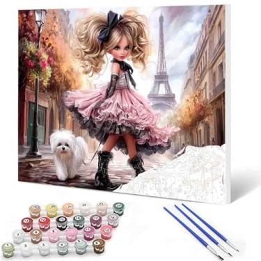 Imagem de Paris Girl Paint by Number Kits de pintura DIY para meninas e cachorros fofos em tela com pincéis, tintas acrílicas, pintura romântica urbana por números, para adultos iniciantes 40,6 x 50,8 cm (sem