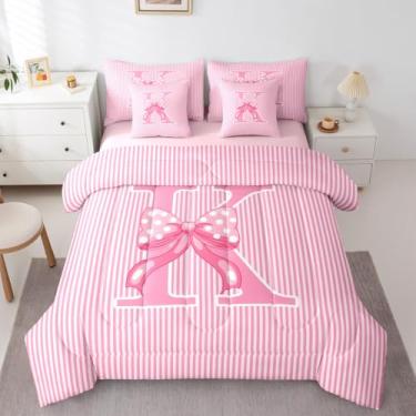 Imagem de Feelyou Conjunto de edredom com laço rosa, 7 peças, solteiro, sonhador, geométrico, para crianças, meninos, meninas, conjunto de cama com letra K, microfibra macia