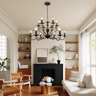 Imagem de Lustre preto de 12 lâmpadas, estilo vintage clássico de fazenda, para sala de jantar, luminária pendente de ferro, luminária de teto industrial moderna, adequada para quarto, hall de entrada